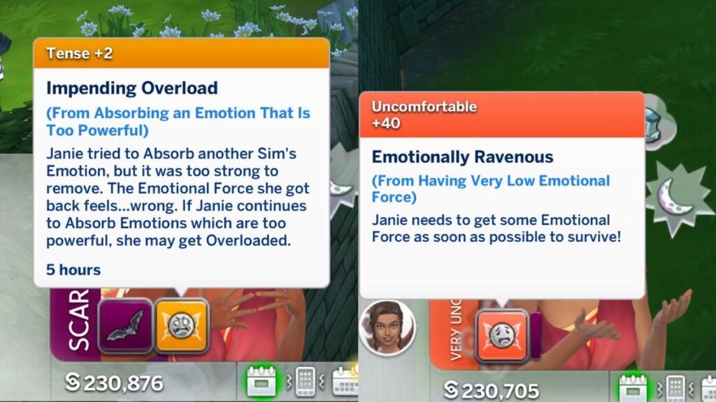 A screenshot from The Sims 4 showing the moodlets from a sim having low emotional force 