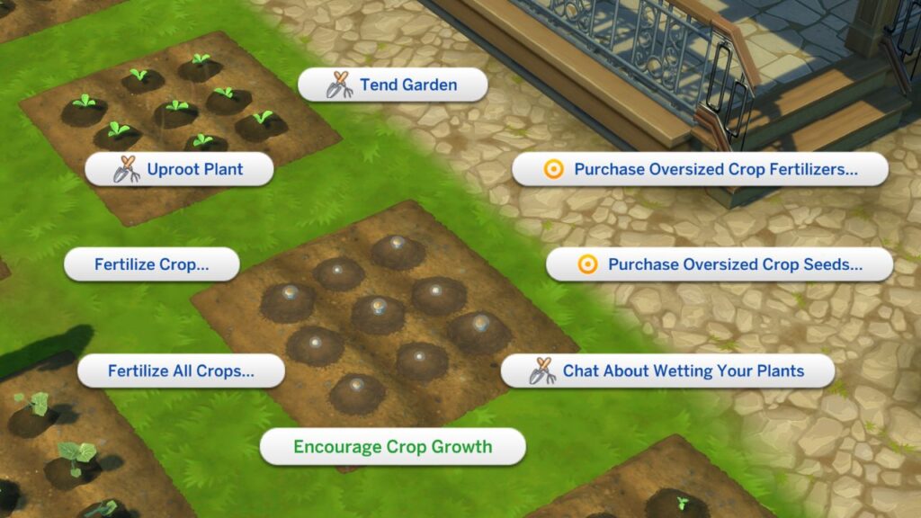 A screenshot from The Sims 4 showing how to ecourage crop growth