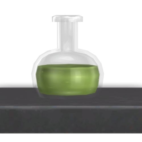 A screenshot from The Sims 4 showing a dark wooden shelf with an energized emotion potion on top 
