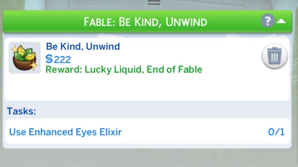 A screenshot from The Sims 4 showing the tasks for the be kind unwind fable