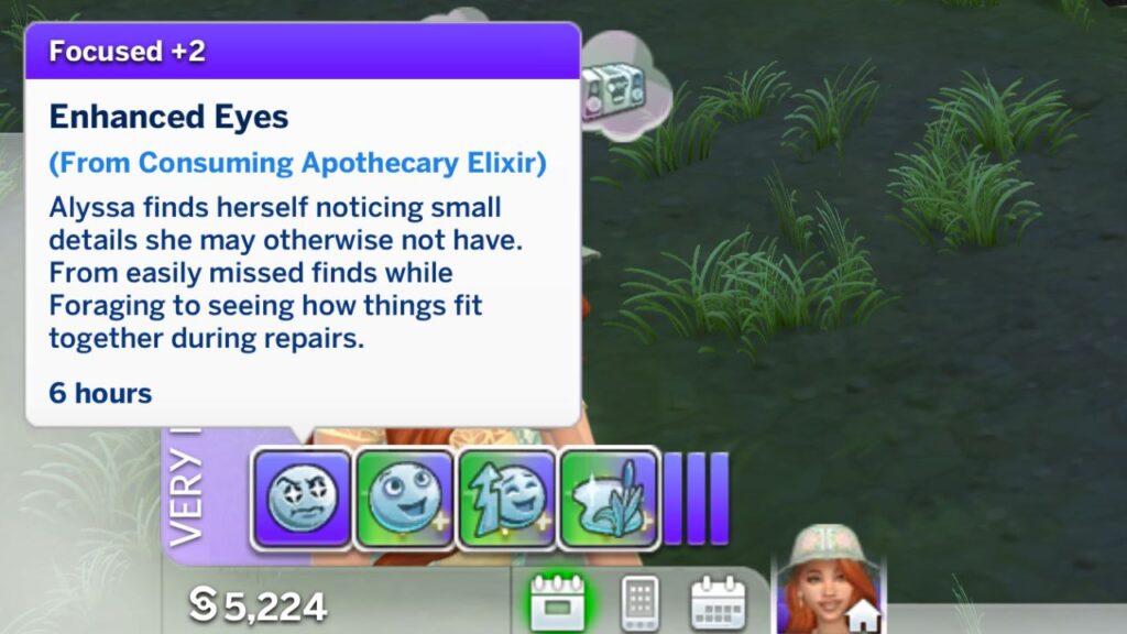 A screenshot from The Sims 4 showing the +2 Focused Moodlet called Enhanced Eyes 