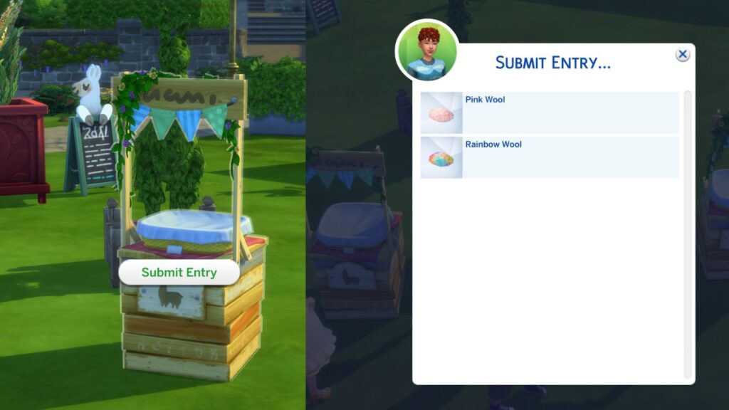 A screenshot from The Sims 4 showing how to submit wool for the competition