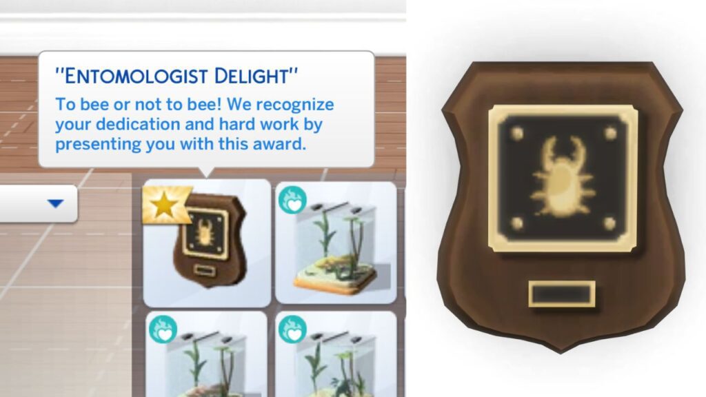 A screenshot from The Sims 4 showing the plaque you get for finishing the insect collection