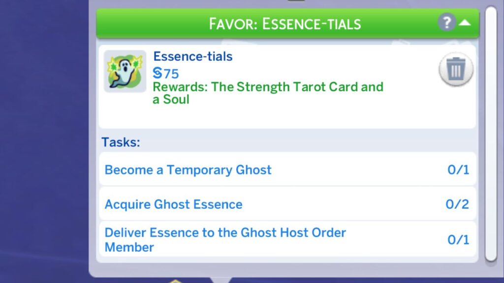 A screenshot from The Sims 4 showing the tasks for the essence-tials favor
