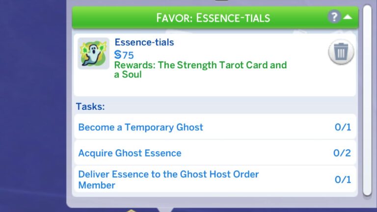 A screenshot from The Sims 4 showing the tasks for the essence-tials favor
