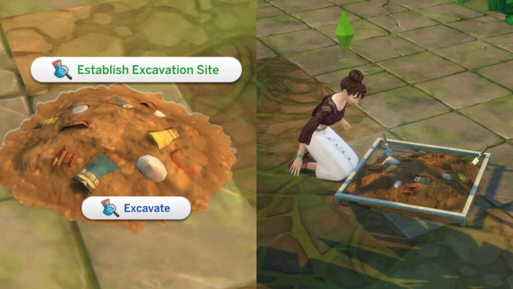 A screenshot from The Sims 4 showing how to establish excavation site to find artifacts