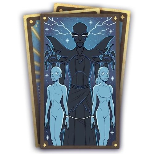 A set of three cards, the bottom two are face down. The top card has a dark creature controlling two smaller sims 