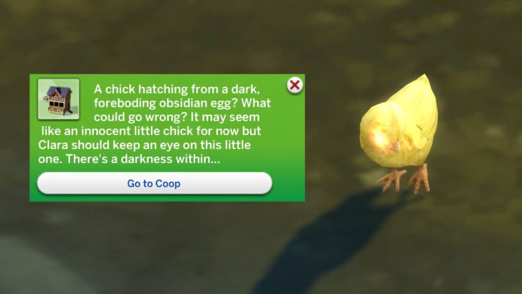 A screenshot from The Sims 4 showing the hatching of an evil chicken
