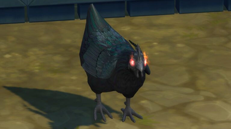 A screenshot from The Sims 4 showing an evil chicken