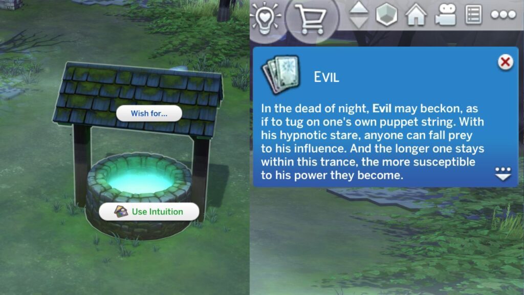 A screenshot from The Sims 4 showing how to get the evil tarot card from the well of longing and regret