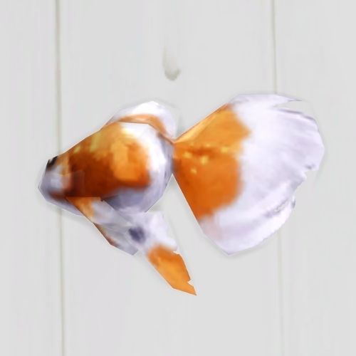 A screenshot from The Sims 4 showing a white floor with an exotic goldfish