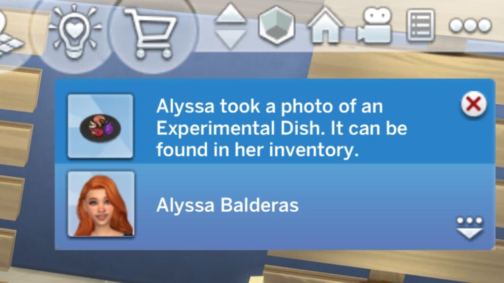 A screenshot from The Sims 4 showing the notification you get when you take a photo of experimental food