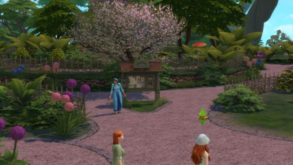 A screenshot from The Sims 4 showing the location of the Everdew fable board