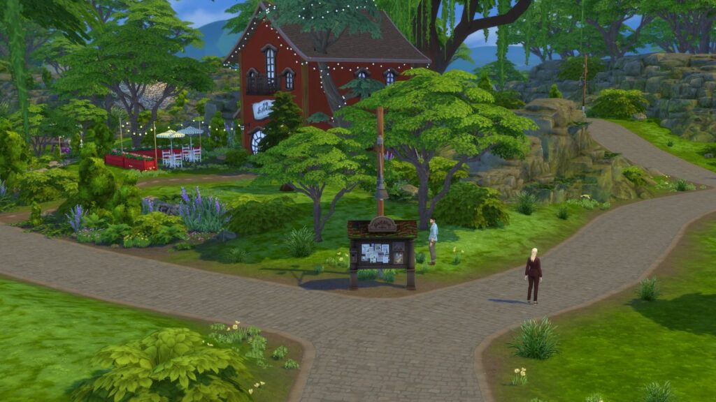 A screenshot from The Sims 4 showing the location of the fable board in Sprucederry Grove