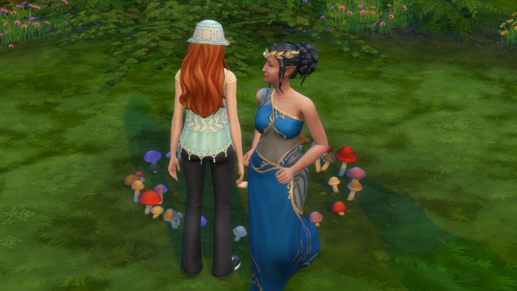 A screenshot from The Sims 4 showing a fairy coming out of the fairy ring