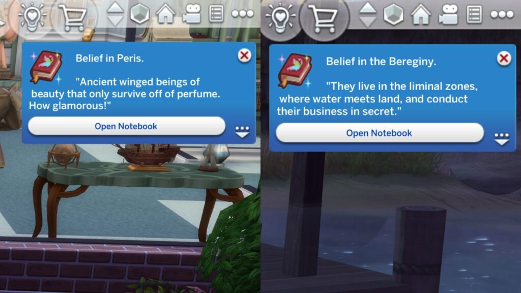A screenshot from The Sims 4 showing two different answers to the question "what fairies do you believe in?"