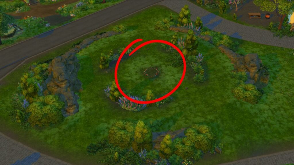 A screenshot from The Sims 4 showing the location of the fairy ring in Sprucederry Grove