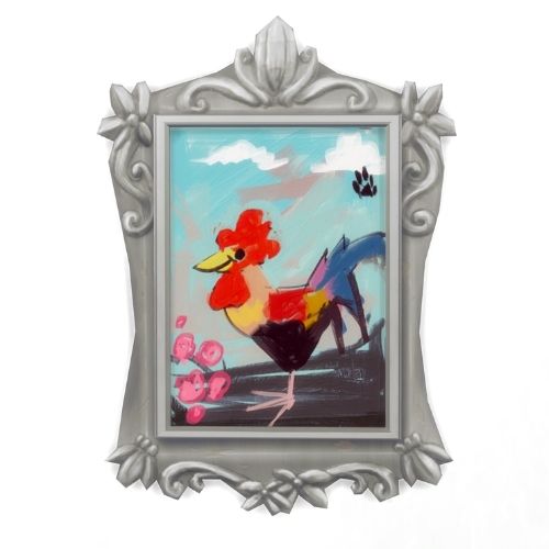 A screenshot from The Sims 4 showing a fancy silver frame with a photo a chicken inside