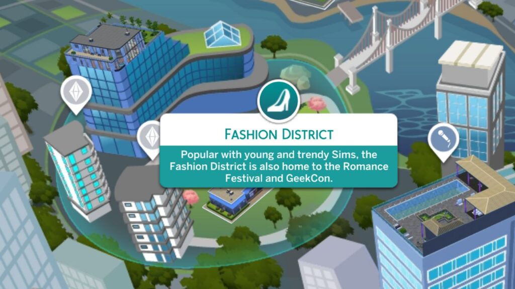 A screenshot from The Sims 4 showing the Fashion District in San myshuno