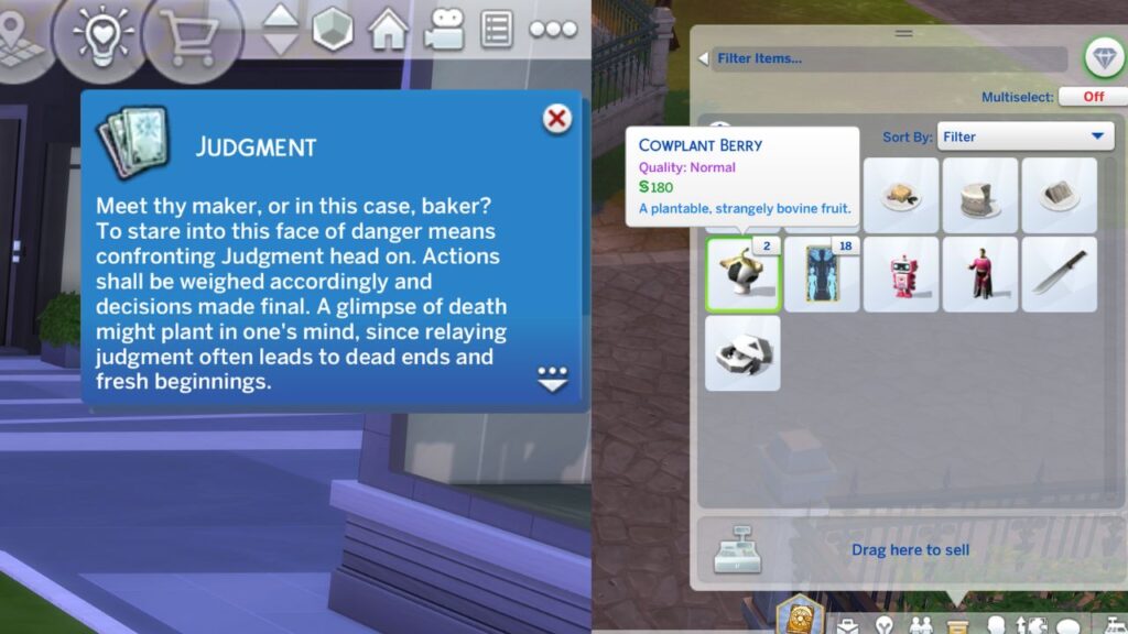 A screenshot from The Sims 4 showing the results of completing the favor with a judgement tarot card and cowplant berry