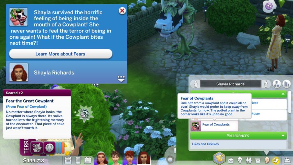 A screenshot from The Sims 4 showing the fear of cowplants a sim got after being swallowed 