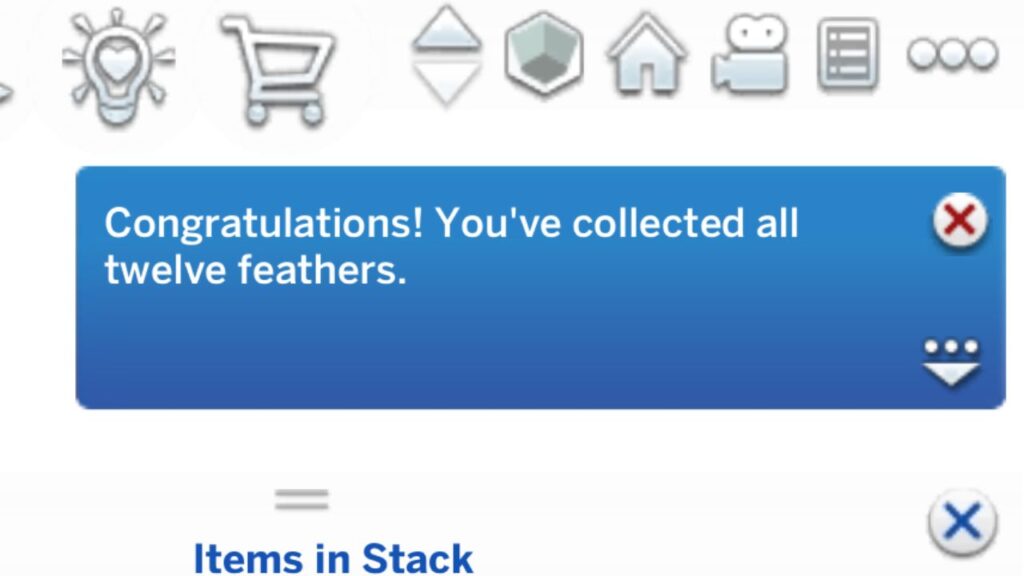 A screenshot from The Sims 4 showing the notification you get when you finish the feather collecton