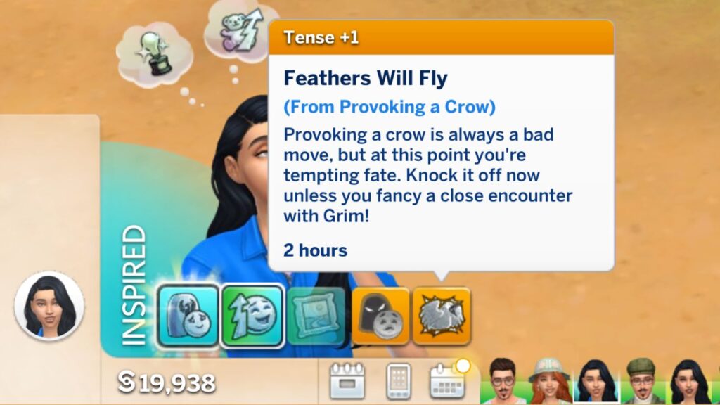 A screenshot from The Sims 4 showing the "feathers will fly moodlet" 