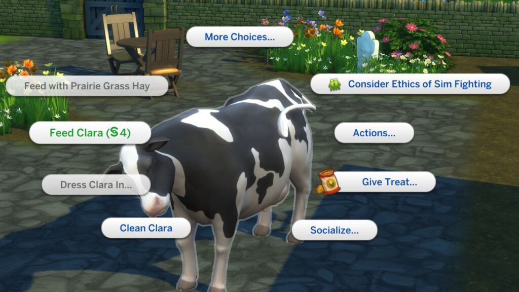 A screenshot from The Sims 4 showing how to feed a cow