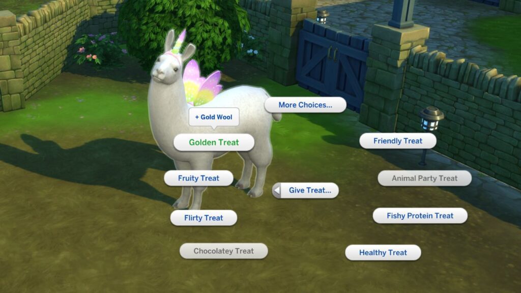A screenshot from The Sims 4 showing how to feed a llama a golden treat