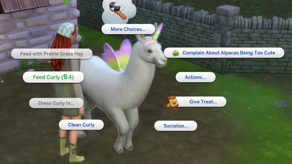 A screenshot from The Sims 4 showing how to feed a llama 