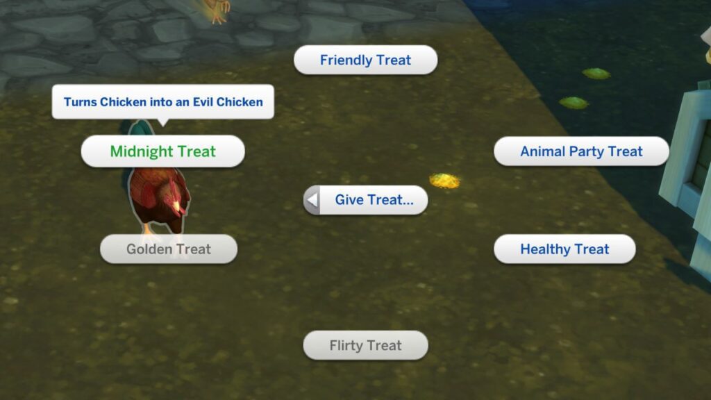A screenshot from The Sims 4 showing the option to give a chicken a midnight treat