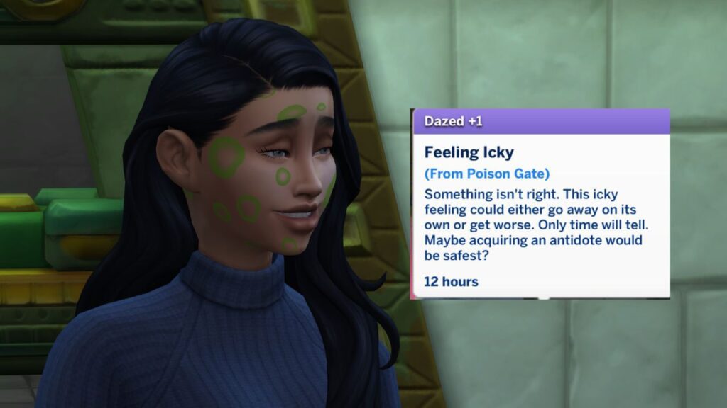 A screenshot from The Sims 4 showing a sim with green circles on their face and a +1 dazed moodlet 