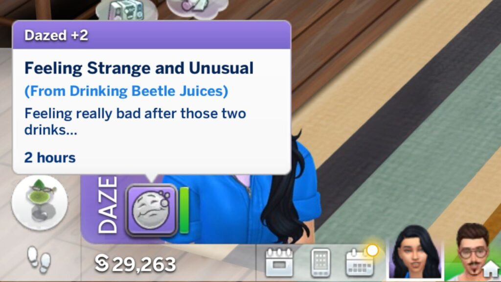 A screenshot from The Sims 4 showing the feeling strange and unusual moodlet (dazed +2) 