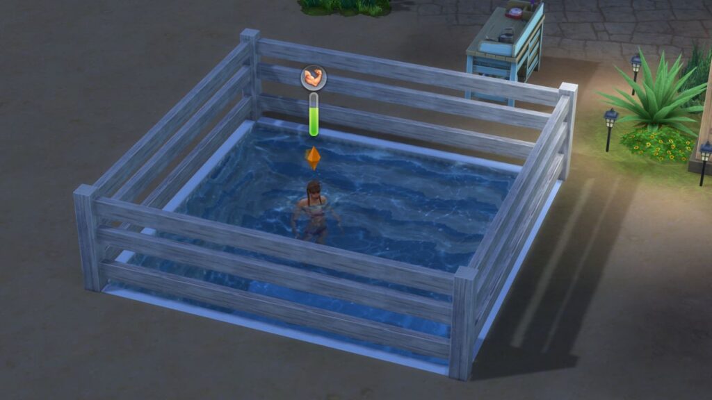 A screenshot from The Sims 4 showing a sim in a pool with a fence around it 