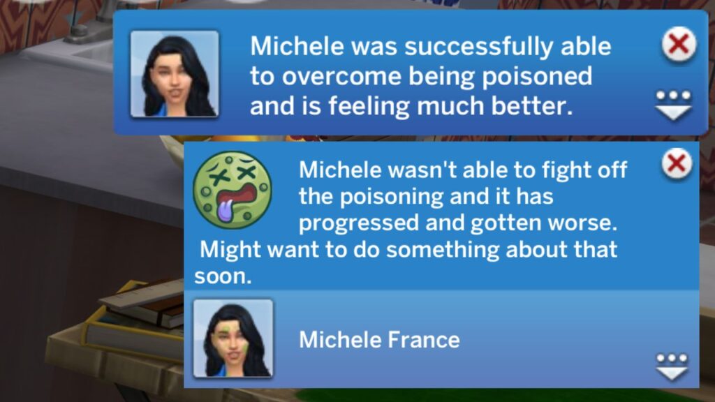 A screenshot from The Sims 4 showing moodlets from a sim being poisoned 