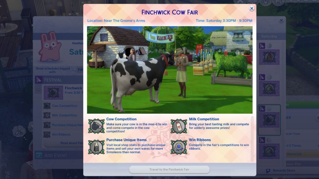 A screenshot from The Sims 4 showing the information page for the Finchwick Cow Fair 