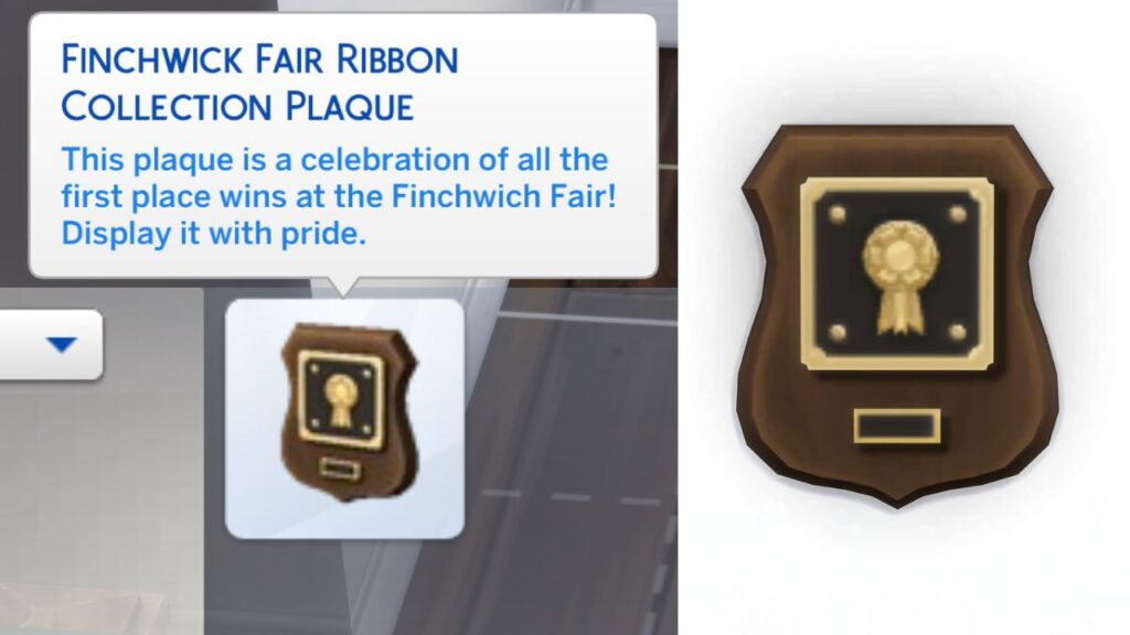 A screenshot from The Sims 4 showing the finchwick fair ribbon collection plaque