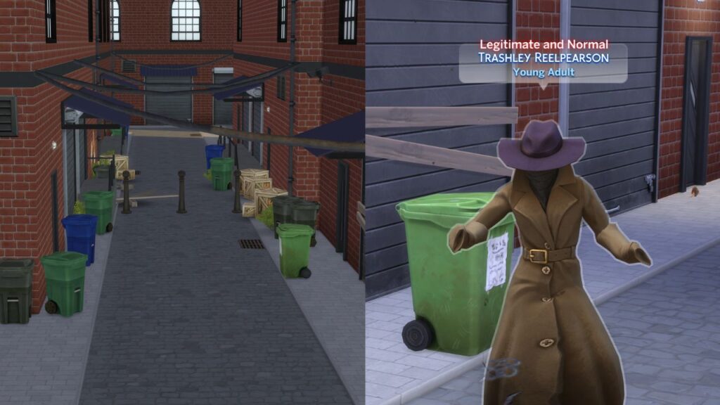 A screenshot from The Sims 4 showing Trashley ReelPearson and the alley where you can find them