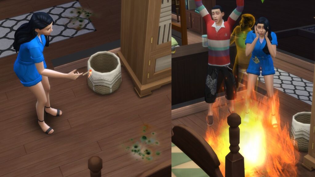 A screenshot from the sims 4 showing a sim setting their house on fire by lighting mold on fire 