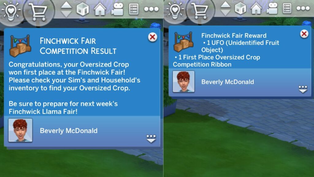A screenshot from The Sims 4 showing the results of the oversized crop competition at the fair