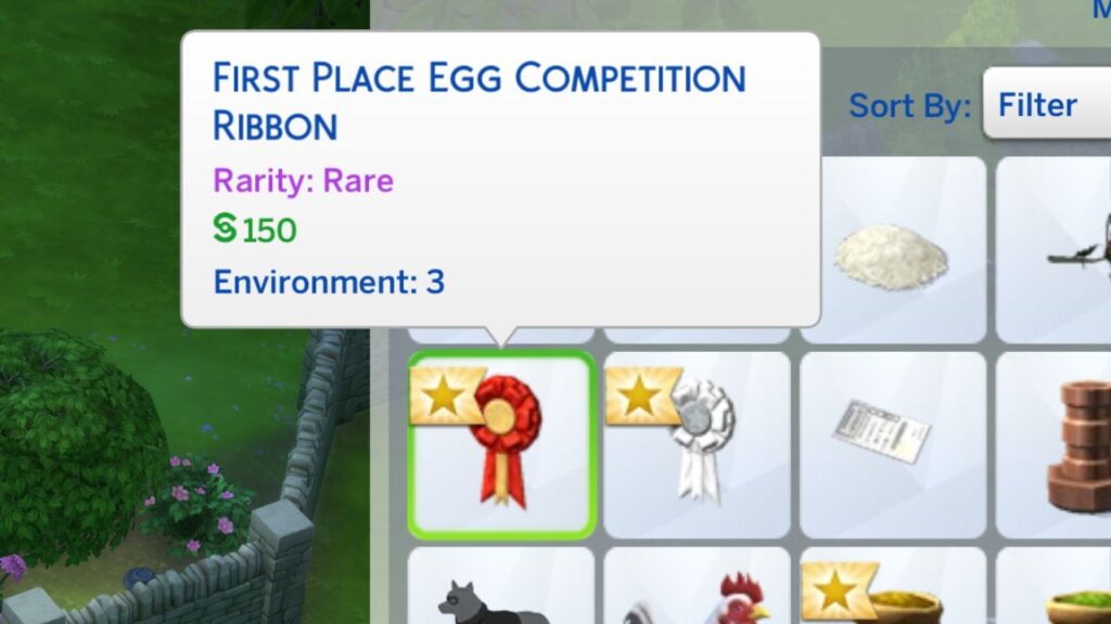 A screenshot from The Sims 4 showing the first place egg competition ribbon in a sim's inventory