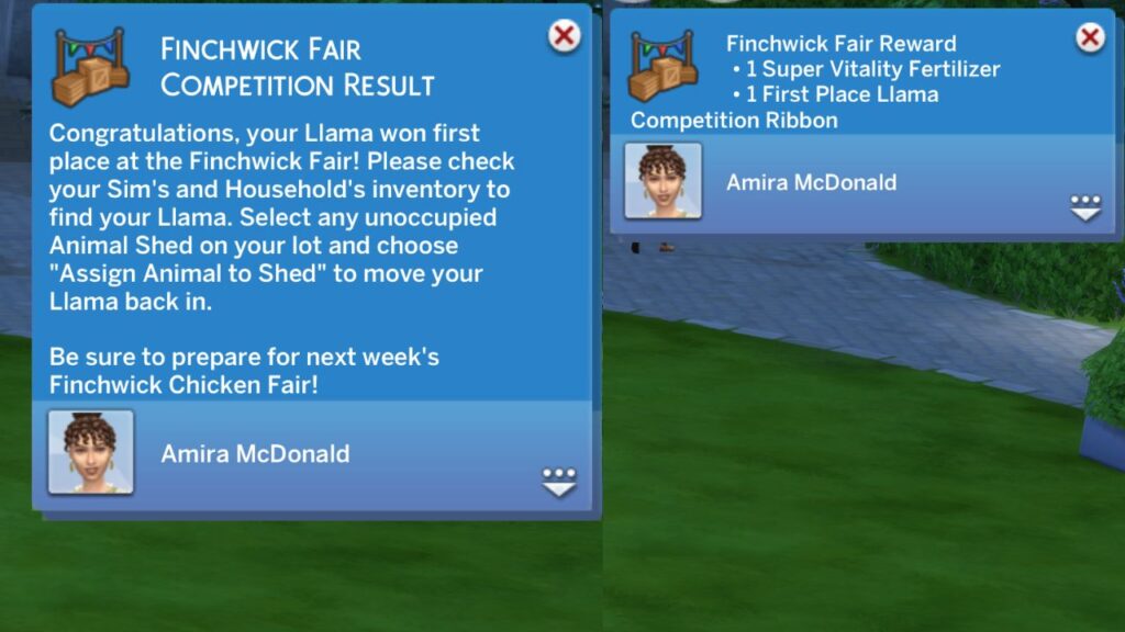 A screenshot from The Sims 4 showing the Finchwick Fair Competition Result notifications