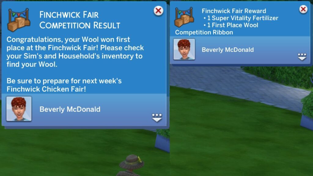 A screenshot from The Sims 4 showing the finchwick fair competition result notifications