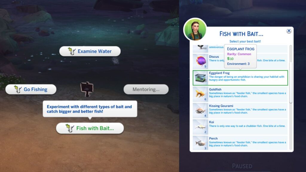 A screenshot from The Sims 4 showing how to fish with bait and the menu to choose what type of bait to use