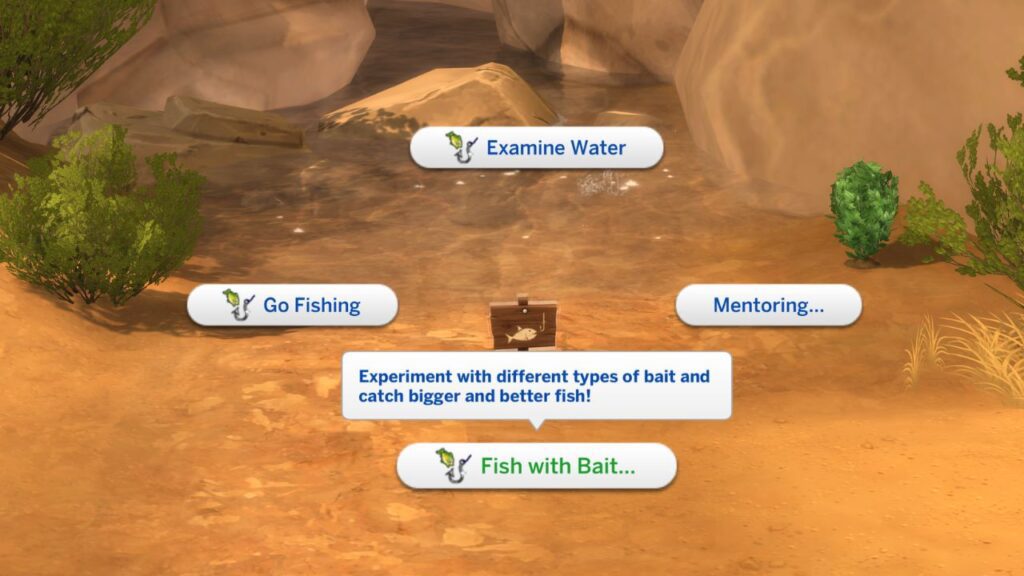 A screenshot from The Sims 4 showing how to fish with bait