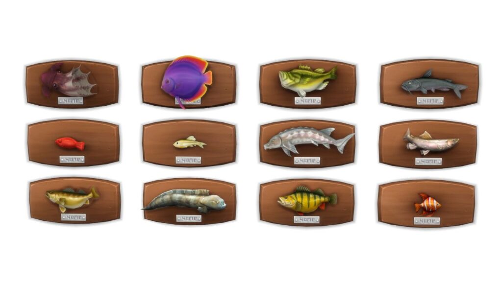 A screenshot from The Sims 4 showing a group of fish mounted on the wall