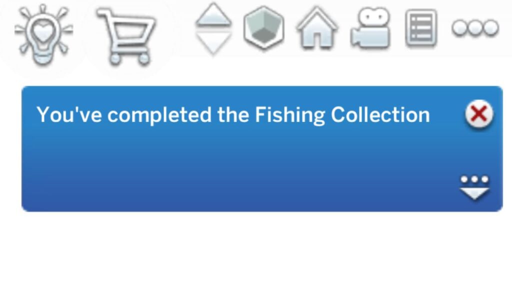 A screenshot from The Sims 4 showing the notification you get when you finish the fishing collection