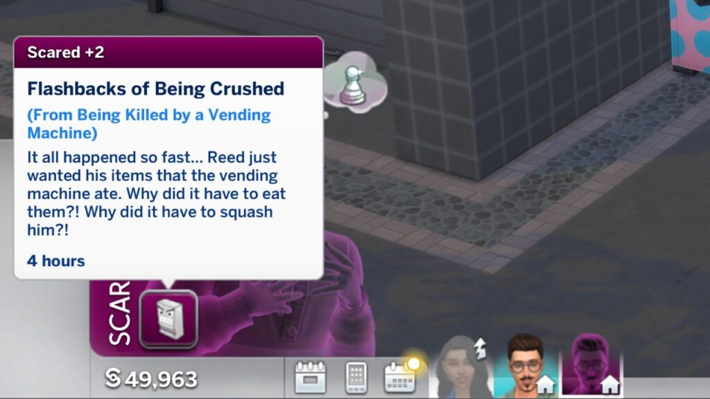 A screenshot from The Sims 4 showing a +2 Scared moodlet called flashbacks of being crushed 