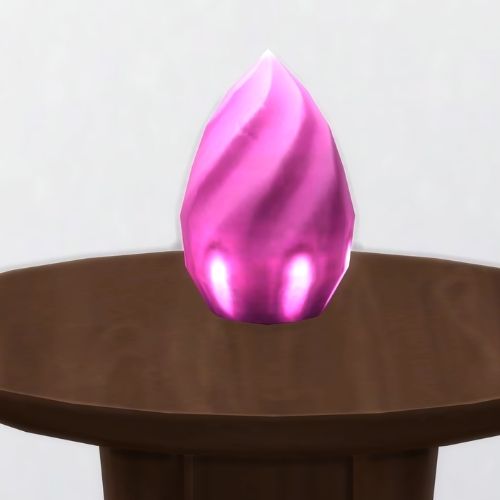 A screenshot from The Sims 4 showing a brown circle table with a pink bean on top