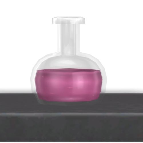 A screenshot from The Sims 4 showing a dark wooden shelf with a flirty emotion potion on top
